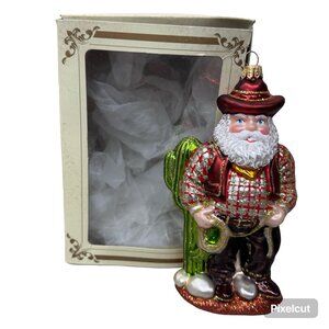 Old World Western Cowboy Santa & Hand-Painted Glass Ornament 6” Glitter Poland